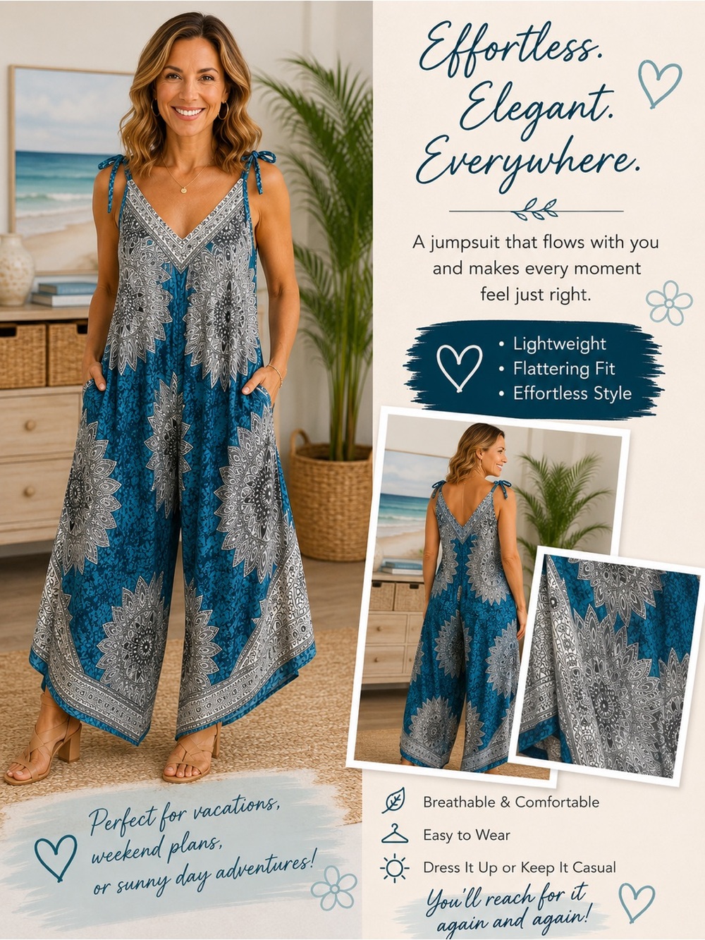 Women's Teal White Mandala Asymmetrical Jumpsuit